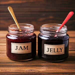 A jar labeled jam with red jam and a jar labeled jelly with purple jelly. both jars are open with spoons inside