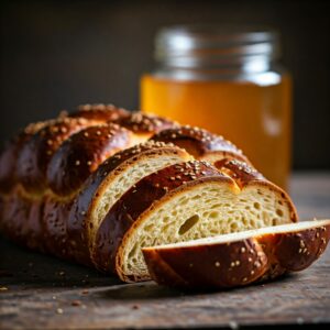 Challah Bread with honey in background