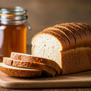 sliced white bread with jar of honey in background