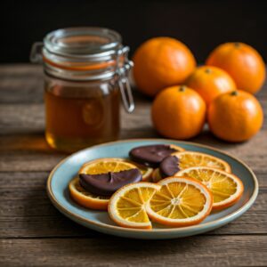 plate with candied orange slices some are dipped in chocolate with honey jar and mandarin oranges in the background