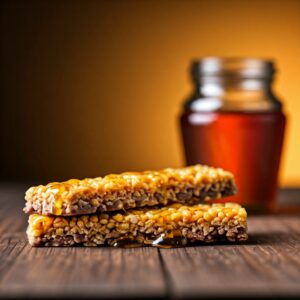 two granola bars drizzled with honey with honey jar in the background