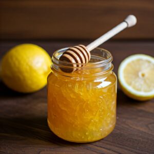 jar of honey lemon jelly with honey dipper on top and lemons in the background