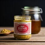 small jar with red and white label honey mustard sauce with spoon of mustard seed and honey jar in the background