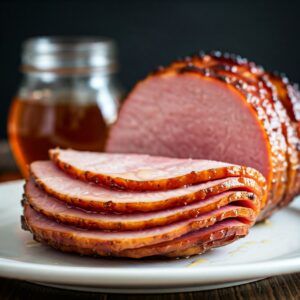 picture of sliced ham on a white place with honey jar in the background