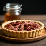 pecan pie with pecans on top resting on a place in front of a honey jar in the background