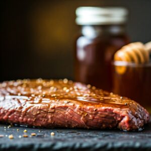 Flank Steak on blue platter with marinade on top and honey jar and honey dipper in the background