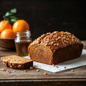 sliced brown loaf of quick bread on a white platter with oranges and an open honey jar in the background