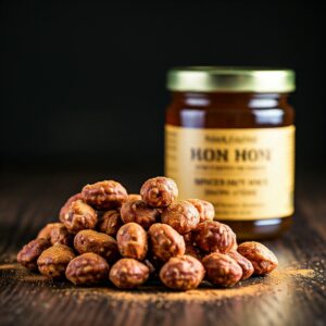 Pile of spiced nuts on a brown table with a closed jar of honey in the background