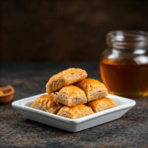 5 pieces of baklava on a square white plate with honey jar in the right background