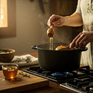 picture of kitchen stove with woman adding honey to pot