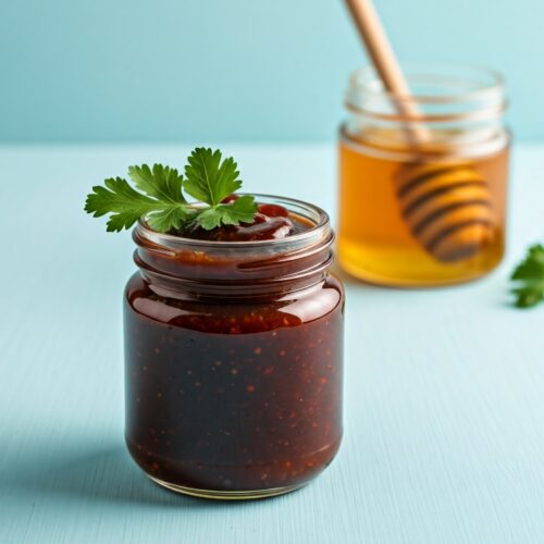 jar of barbeque sauce with parsley sprig on the top and honey jar and stirrer in the background