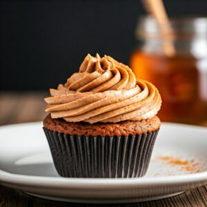 cupcake with brown butter icing placed on white plate with honey jar in the background