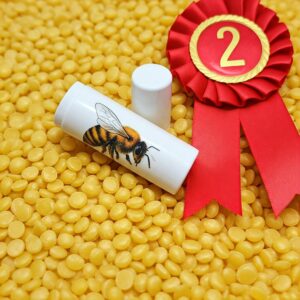 white tube of lip balm with honey bee picture on tube lid behind tube with 2nd place red ribbon to the right resting on yellow beeswax pellets