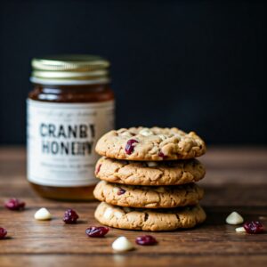 four oatmeal cranberry white chocolate cookies stocked in from of a jar of cranberry honey with cranberries and white chocolate chips on the table